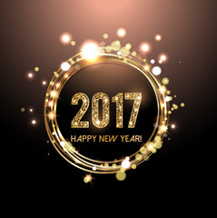 Happy New Year 2017 card, Golden lights background