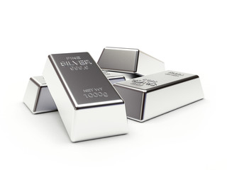 Banking concept. Heap of silver bars isolated on a white background. 3D illustration.