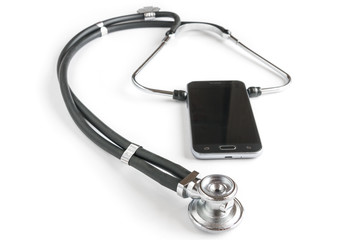 Fototapeta na wymiar Stethoscope, mobile smart phone is listening with a stethoscope on a white background izorirovan