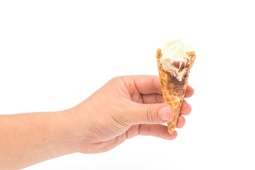 hand holding the last bit of an ice cream on white
