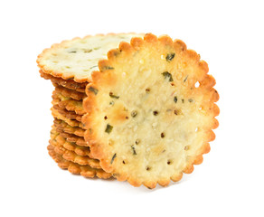 crispy crackers stack up on a white background
