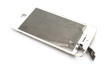 broken screen of a smart phone on a white background