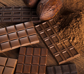 Chocolate sweet, cocoa pod and food dessert background
