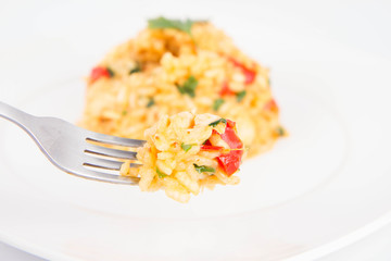 Risotto with chicken, tomatoes, bell pepper, onion and garlic on a white plate decorated with parsley being eaten with a fork