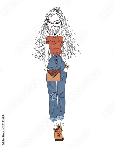 Vector Fashion Illustration. Colorful Sketch of a Urban Girl Wearing Hipster Clothes. Street Fashion Model