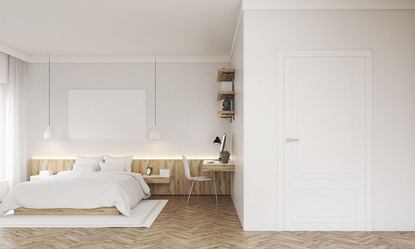 Bedroom interior with door and shelves