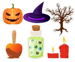 Vector set icons for Halloween Pumpkin, ghost, candy, witches cauldron and other traditional elements of Halloween.