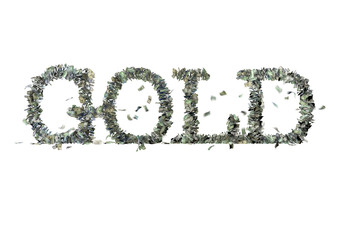 The word "GOLD" made out of 1, 5, 20, 50 and 100 dollar bills