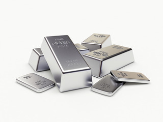 Banking concept. Heap of silver bars isolated on a white background. 3D illustration.