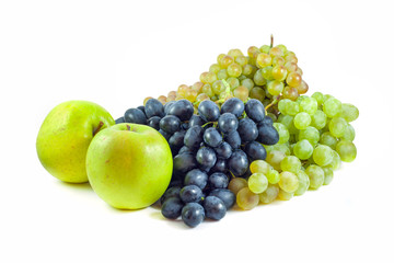 Two apples and Dark and white grapes, Isolated on white backgrou