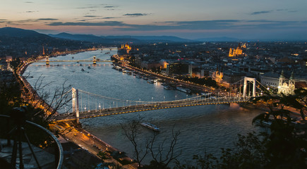DSLR camera shooting Budapest bridges from Gellert hill