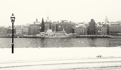 Stockholm city on a snowy winter day. Black and white image.