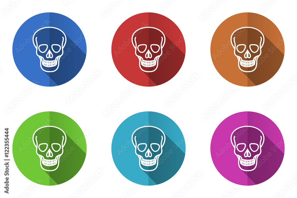 Poster Flat design vector icons. Colorful skull web buttons set. 