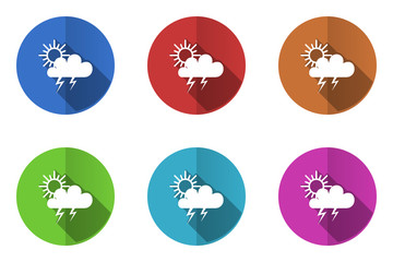 Flat design vector icons. Colorful weather forecast web buttons set. 