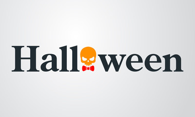 Icono plano texto Halloween con craneo con corbata lazo color sobre fondo degradado