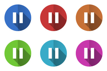 Flat design vector icons. Colorful pause web buttons set. 