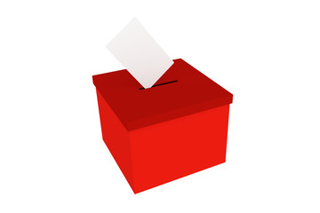 Red ballot box with a paper falling inside. 3D illustration on white background.