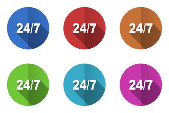 Flat design vector icons. Colorful 24/7 web buttons set. 