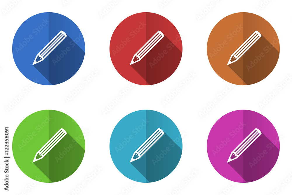Poster flat design vector icons. colorful pencil web buttons set.