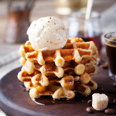 Fresh whole wheat waffles, ice cream, maple syrup