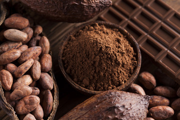 Cocoa pod and chocolate bar and food dessert background