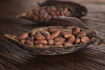 Cocoa pod on wooden background