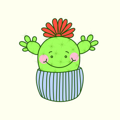 Cute cactus funny cartoon illustration. Print, patch, doodle.