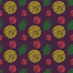 Colorful crystals drawn by pencil and acrylic paint as pattern with violet background