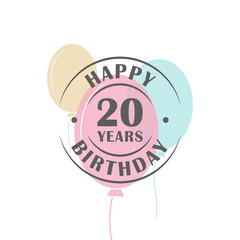 Happy birthday 20 years round logo with festive balloons, greeting card template