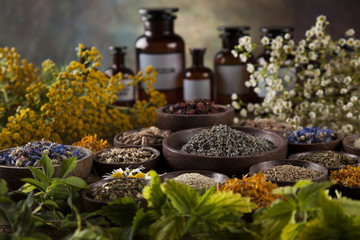Herbal medicine on wooden desk background