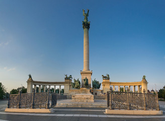 Fototapeta na wymiar Low angle view of popular Heroes square in Budapest at daytime without people