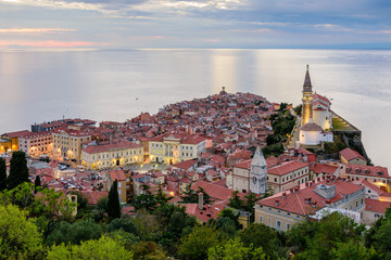 Panoramic view of Adriatic sea and city of Piran in Istria, Slovenia.