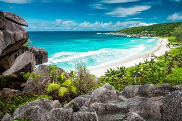 Amazing view at Grande Anse beach located on La Digue Island, Se