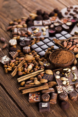 Chocolate sweet, cocoa pod and food dessert background