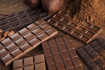 Chocolate sweet, cocoa pod and food dessert background