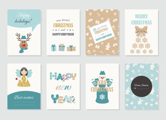 Cute Christmas and New Year card templates set with glitter.