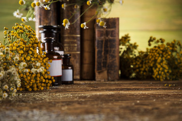 Herbal medicine and book on wooden table background
