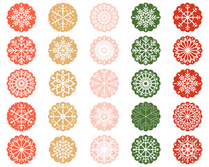 White Snowflake Ornaments in Color Scalloped Circles