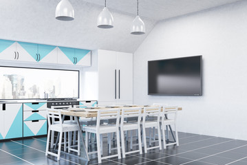 Kitchen interior with fridge, TV set and green furniture