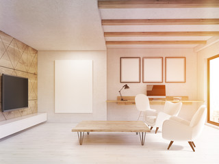 Sunlit living room with wooden elements