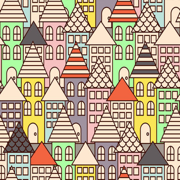 Outline city multicolor seamless vector pattern. Town landscape with houses repeat line style background.