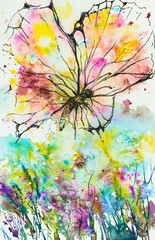Fototapeta na wymiar Hand drawing abstract butterfly, created with ink and watercolor. 