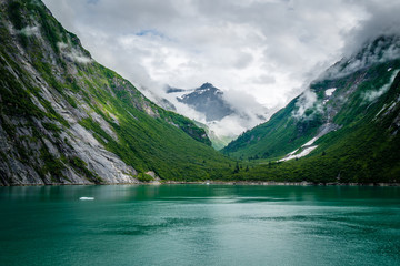 Fog clearing over emerald green, glacier-fed water at Tracy Arm,