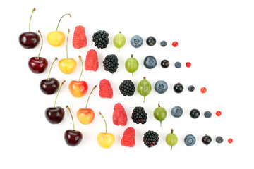 different juicy berries are laid out in rows on a white backgrou