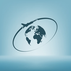 Airplane fly around the planet Earth. Logo.