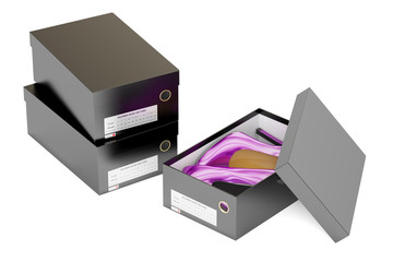 Purple high heel shoes and black shoeboxes, 3D rendering