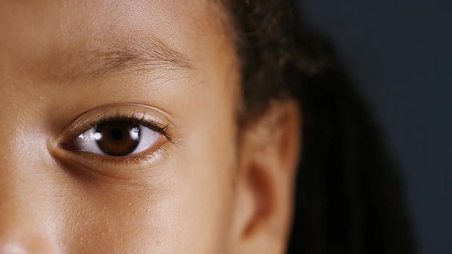 Close up of one eye of a young child looking straight to camera