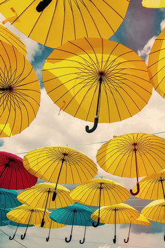 colorful yellow, red and blue  umbrellas