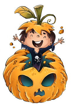 Niño Saliendo De Calabaza De Halloween