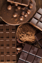 Chocolate bar, candy sweet, dessert food on wooden background